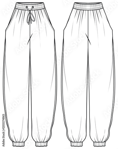 Women's Harem slouch pants  flat sketch fashion illustration drawing front and back view