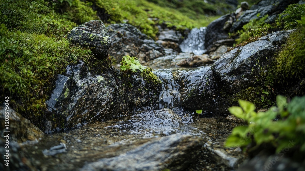 Mysterious mountain streams flowing through lush greenery in nature's serenity capturing life's essence Mysterious mountain streams flowing through lush greenery in nature's serenity capturing life's essence