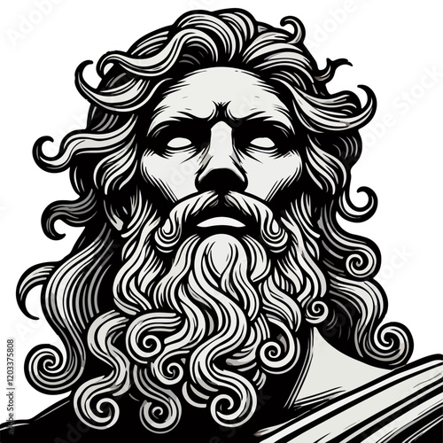 Majestic Zeus Portrait: A powerful, detailed black and white illustration of Zeus, the king of the Gods, showcasing his flowing beard, intense gaze, and majestic presence.