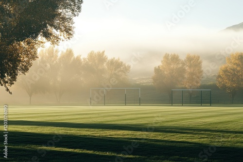 Wallpaper Mural Serene Morning on a Foggy Soccer Field with Lush Green Grass and Vibrant Autumn Trees in the Background Under Soft Natural Light Torontodigital.ca