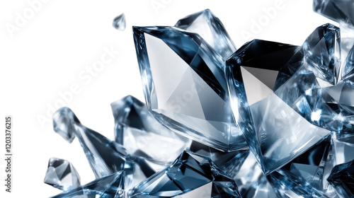 Shiny diamonds and gems on a clear blue background with reflections, creating a luxurious and transparent crystal-like effect