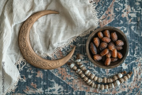 Traditional Decorative Elements with Dates, Beads, and Textiles Representing Cultural Heritage, Spirituality, and Warm Hospitality in a Cozy Setting