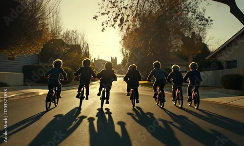 Silhouetted children riding bikes at sunset in a quiet neighborhood