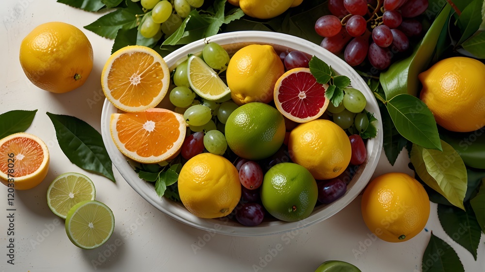 Vibrant Citrus and Grapes Still Life in Ornate Frame, Rustic Style V2 Vibrant Citrus and Grapes Still Life in Ornate Frame, Rustic Style V2