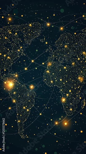 Global Network Connection Illuminated World Map with Glowing Lines and Points