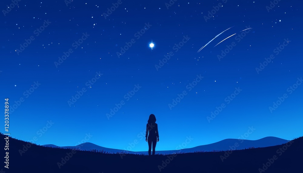 Silhouette of a female figure gazing at a starry night sky. Silhouette of a female figure gazing at a starry night sky.