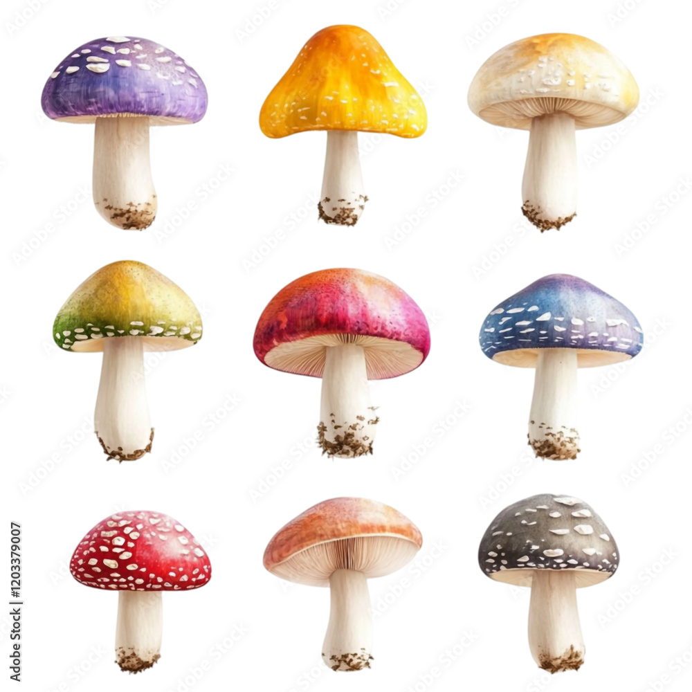Colorful Mushrooms Grid Psychedelic Art Design, Colorful Mushrooms Grid Psychedelic Art Design,