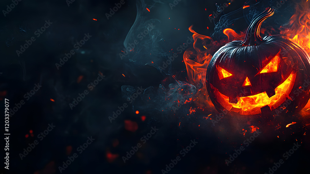A fiery Jack-o'-Lantern with a menacing carved face emits glowing orange light and flames, set against a dark, smoky background. Perfect for Halloween, spooky designs, and eerie themes. A fiery Jack-o'-Lantern with a menacing carved face emits glowing orange light and flames, set against a dark, smoky background. Perfect for Halloween, spooky designs, and eerie themes.