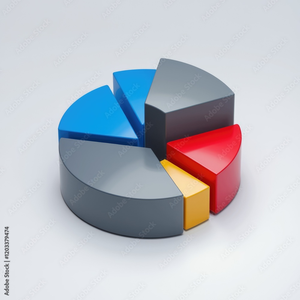 A 3D pie chart displays segmented data using five vibrant colors for visual representation. A 3D pie chart displays segmented data using five vibrant colors for visual representation.