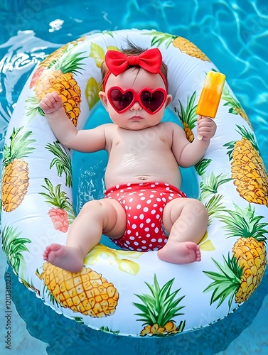 Adorable Baby Enjoying Tropical Summer Vibe in Pineapple Inflatable Pool Ring