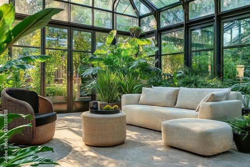An elegant conservatory with modern furniture, glass walls, and lush greenery accents