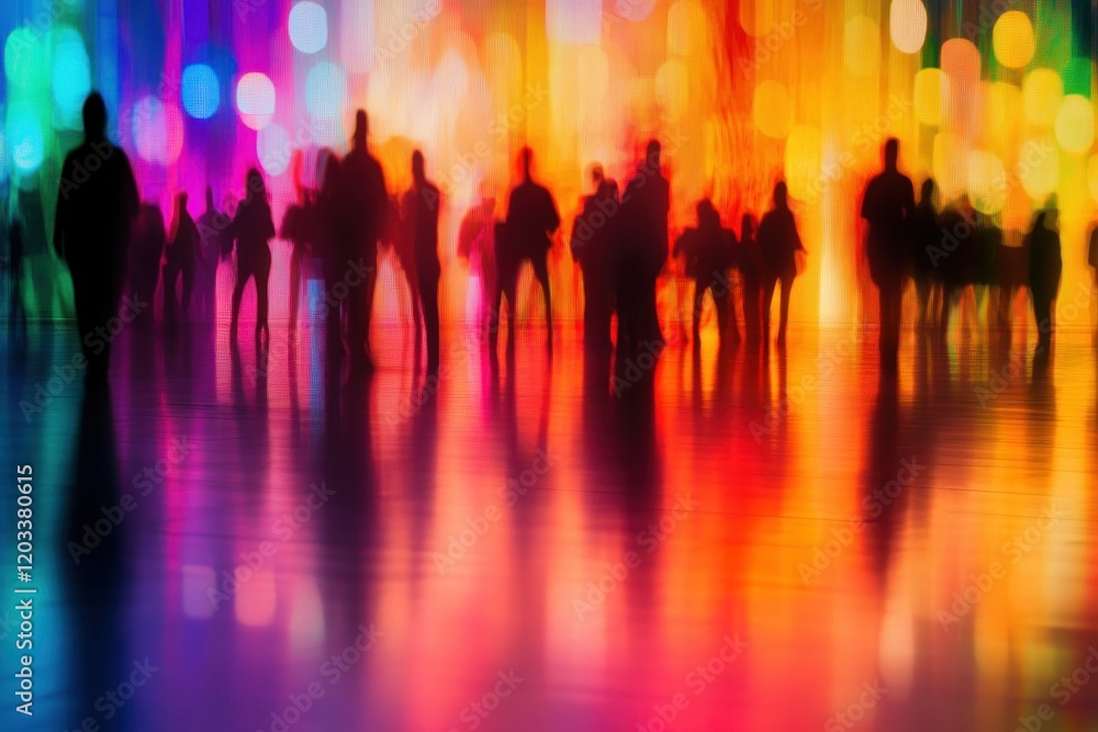 Vibrant Abstract Background with Silhouettes of People Against a Colorful Bokeh Light Display for Artistic and Creative Projects Vibrant Abstract Background with Silhouettes of People Against a Colorful Bokeh Light Display for Artistic and Creative Projects