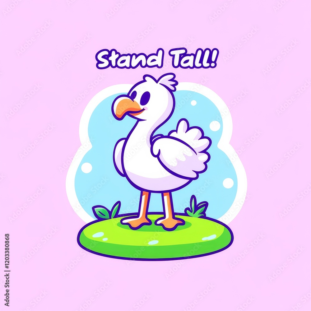 A cute cartoon goose stands confidently on green grass, with a light pink background and the phrase A cute cartoon goose stands confidently on green grass, with a light pink background and the phrase