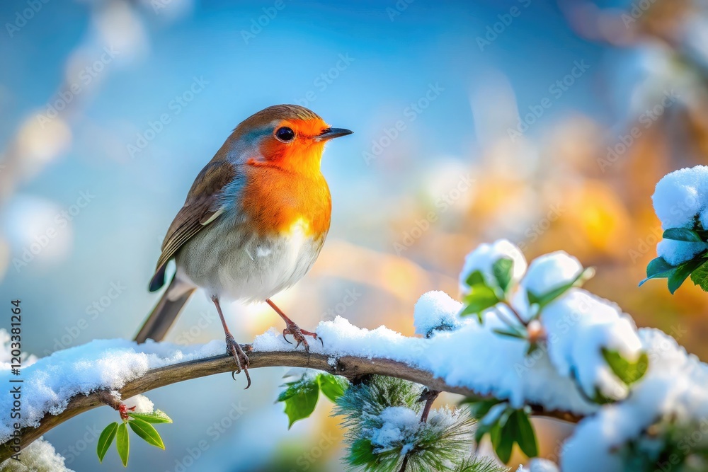 A robin, perched on a snow-laden branch, braves the winter's chill. A robin, perched on a snow-laden branch, braves the winter's chill.