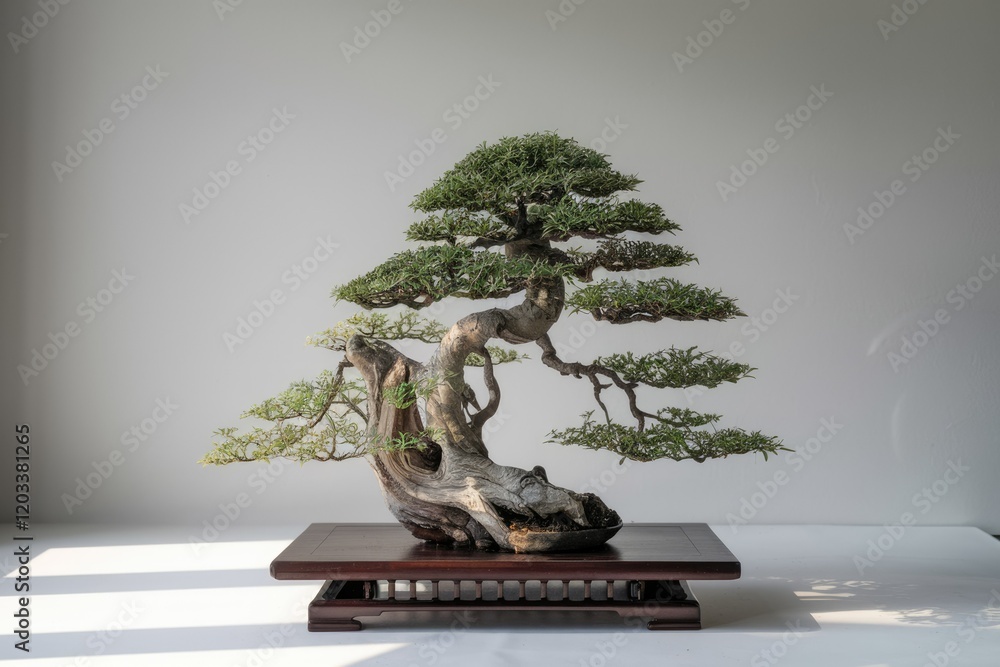 A majestic bonsai tree, meticulously crafted with a gnarled trunk and lush green foliage, displays the art of miniature landscape. A majestic bonsai tree, meticulously crafted with a gnarled trunk and lush green foliage, displays the art of miniature landscape.