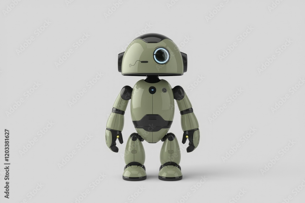 A cute, green robot with black accents stands against a white background. Its design is simple and friendly. A cute, green robot with black accents stands against a white background. Its design is simple and friendly.