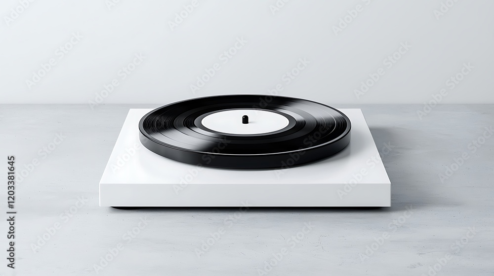 Black Vinyl Record on White Turntable Minimalist Design Black Vinyl Record on White Turntable Minimalist Design