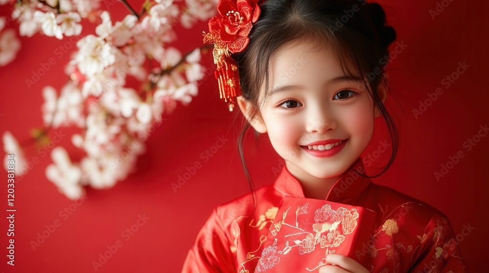 child posing in traditional red outfits, vibrant Lunar New Year backdrop with blooming cherry blossoms child posing in traditional red outfits, vibrant Lunar New Year backdrop with blooming cherry blossoms