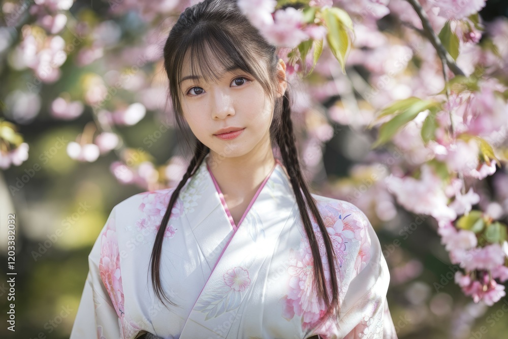 A young woman in a traditional Japanese kimono stands gracefully amidst blooming cherry blossoms. A young woman in a traditional Japanese kimono stands gracefully amidst blooming cherry blossoms.