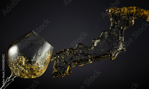 Snifter and brandy splash on a black background. photo