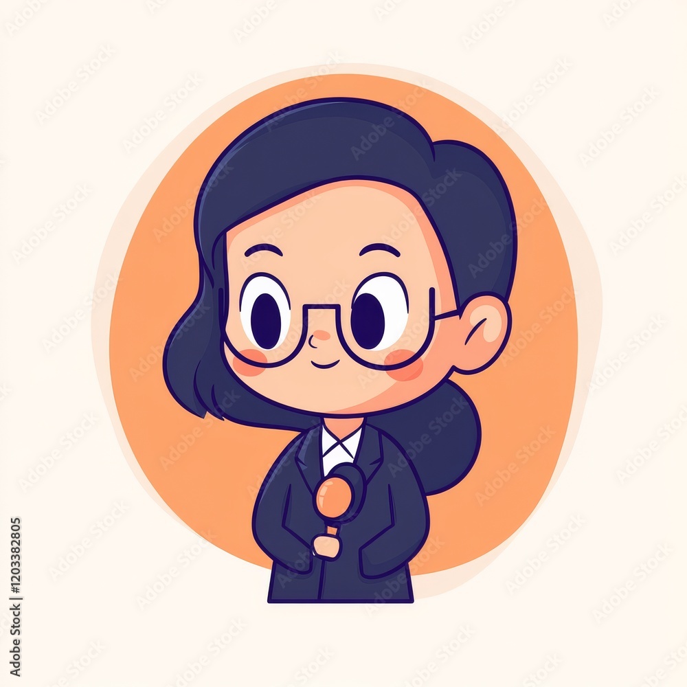 A cheerful cartoon character with glasses, holding a microphone, dressed in a suit against an orange background. A cheerful cartoon character with glasses, holding a microphone, dressed in a suit against an orange background.