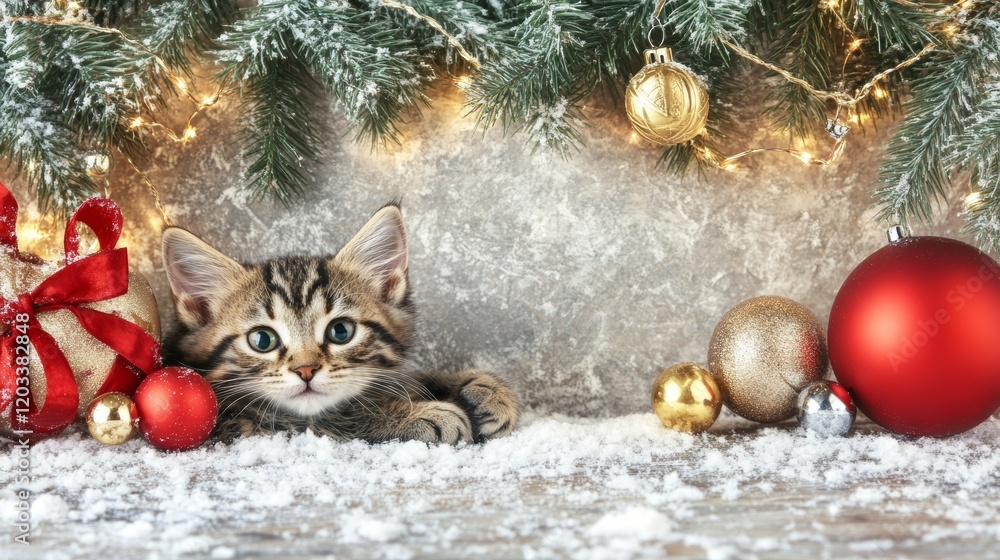 Festive Kitten Amidst Christmas Decorations and Snow Festive Kitten Amidst Christmas Decorations and Snow