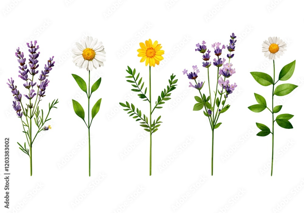 Fototapeta premium Wildflower collection set watercolor concept. Five illustrated flowers featuring lavender, daisies, and greenery on a white background.