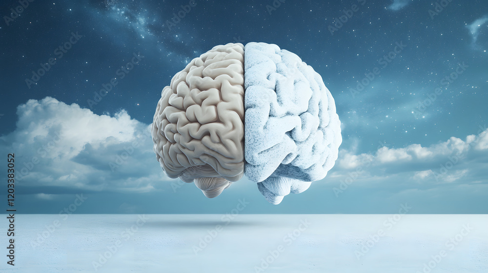 A split-image brain held by hands, featuring a day sky on one side and a starry night on the other, symbolizing balance and rhythms A split-image brain held by hands, featuring a day sky on one side and a starry night on the other, symbolizing balance and rhythms