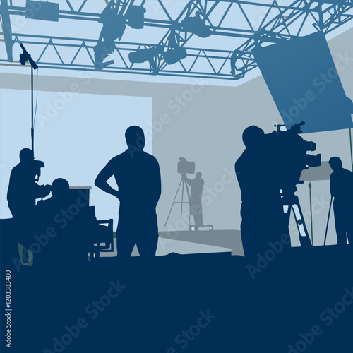 Filming process in the studio concept image. Content creating. Flat style. Vector illustration