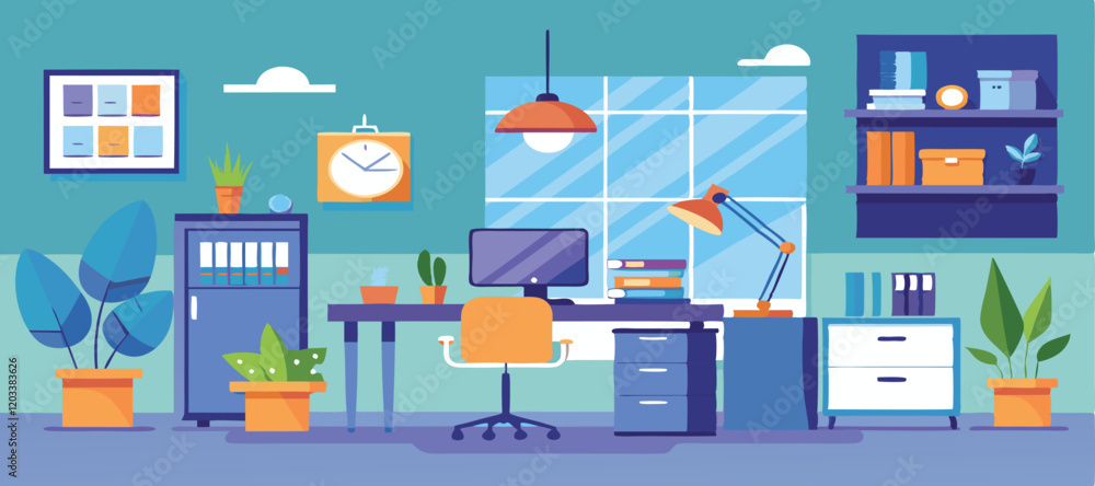 Office Workplace interior With Computer Table Vector Office Workplace interior With Computer Table Vector
