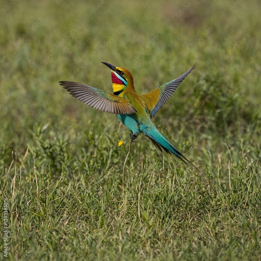 A rainbow bee-eater catching an insect mid-flight in a vibrant meadow. A rainbow bee-eater catching an insect mid-flight in a vibrant meadow.