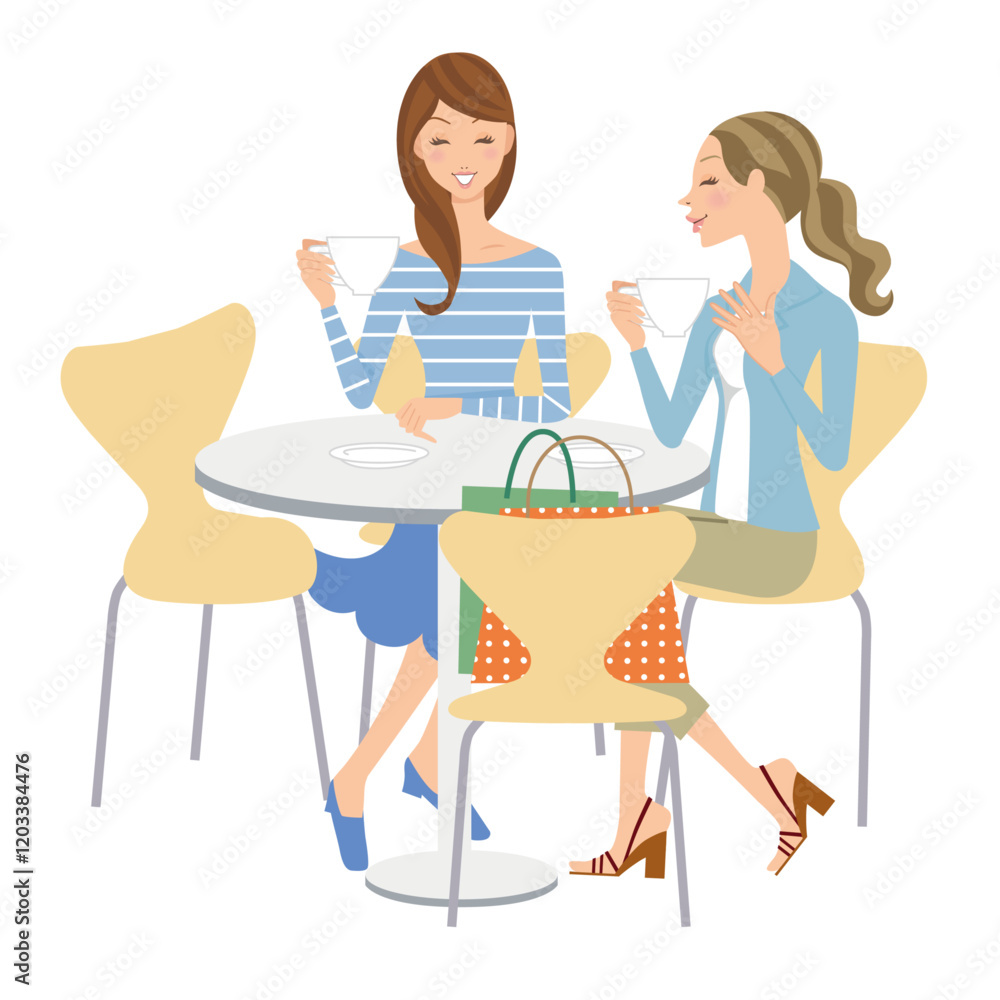 喫茶店のテーブルを囲ってコーヒーを飲んで会話をする女性