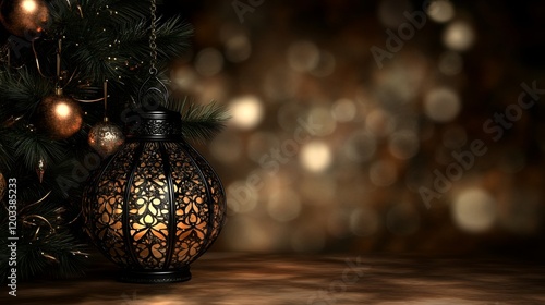 Festive Ornate Lantern Hanging Near Christmas Tree photo