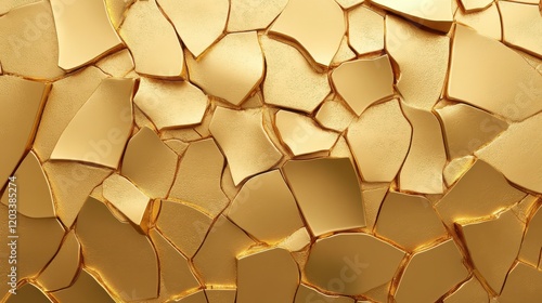 Golden cracked surface with 3D abstract shapes and intricate luxurious textures