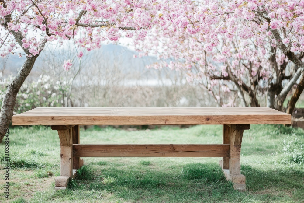 Wooden table beneath blooming cherry trees in a tranquil garden setting, showcasing the beauty of springtime and nature's vibrant colors in a serene outdoor scene Wooden table beneath blooming cherry trees in a tranquil garden setting, showcasing the beauty of springtime and nature's vibrant colors in a serene outdoor scene