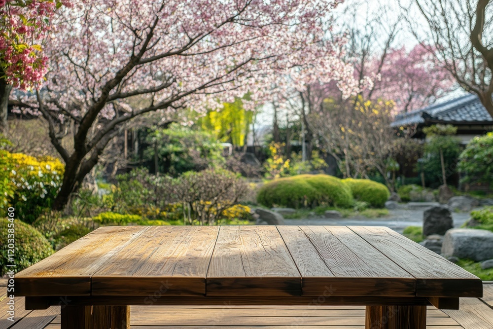 Naklejka premium Tranquil Japanese Garden with Cherry Blossom Trees and Wooden Table Overlooking a Scenic View of Nature and Blooming Flora in Spring