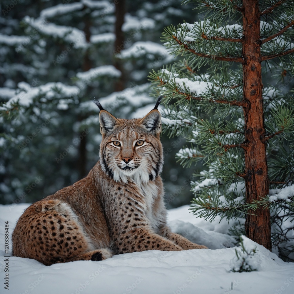 Fototapeta premium A lynx resting under a pine tree in a winter forest.