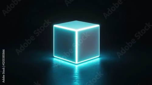 Glowing neon blue cube in a dark environment with futuristic abstract design