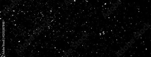 Film grain overlay. Vector snow effect pattern. Abstract starry night sky background. White speckles on black backdrop. Grungy gritty noisy urban texture. Random dots and flecks for old photo effect