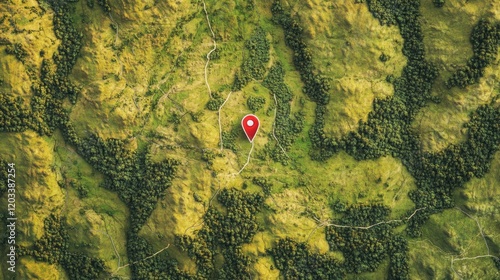 Aerial View of GPS Location Pin on Lush Green Landscape Hills and Woodlands
