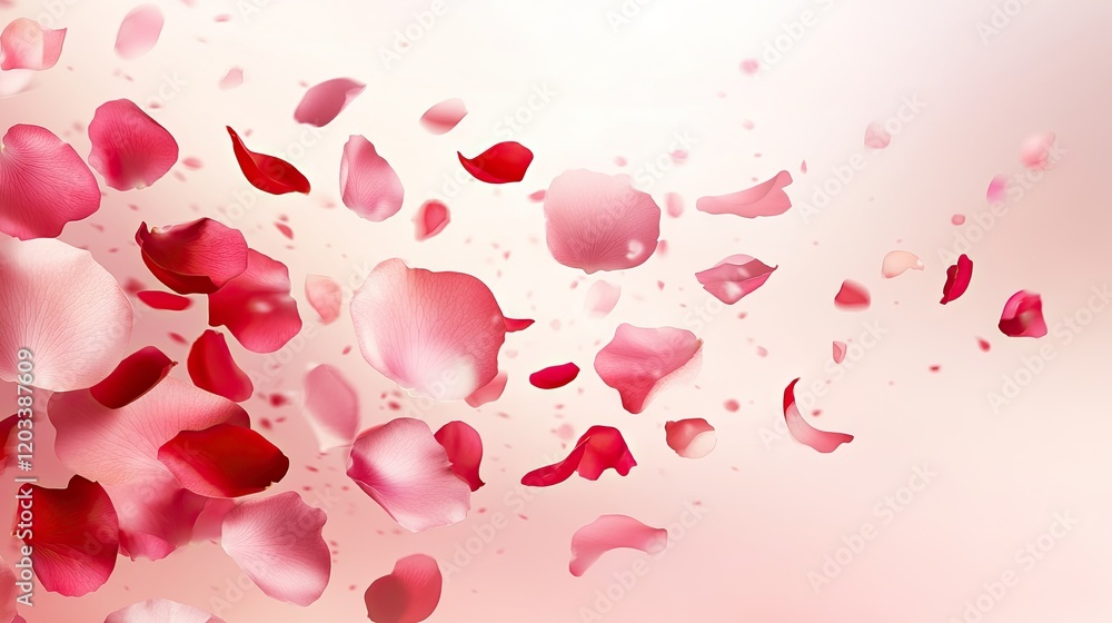 A gentle shower of pink and red rose petals on a light pink background, perfect for seasonal sales banners. A gentle shower of pink and red rose petals on a light pink background, perfect for seasonal sales banners.