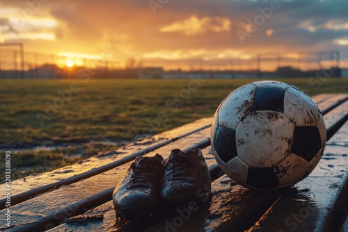 A Pair of Worn Soccer Shoes and a Scuffed Ball Resting on a Wooden Bench with a Stunning Sunset Over an Empty Field in the Background