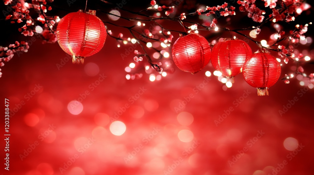 Festive Red Lanterns Hanging on Blossom Branches Festive Red Lanterns Hanging on Blossom Branches