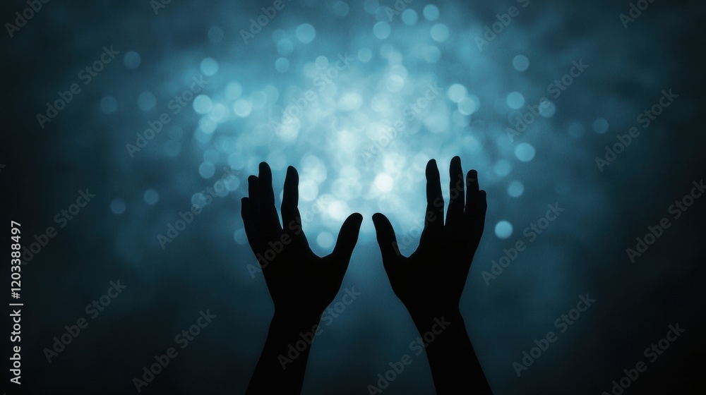 Dark Silhouette of Hands Reaching Toward a Glowing Background with Bokeh Effect Dark Silhouette of Hands Reaching Toward a Glowing Background with Bokeh Effect
