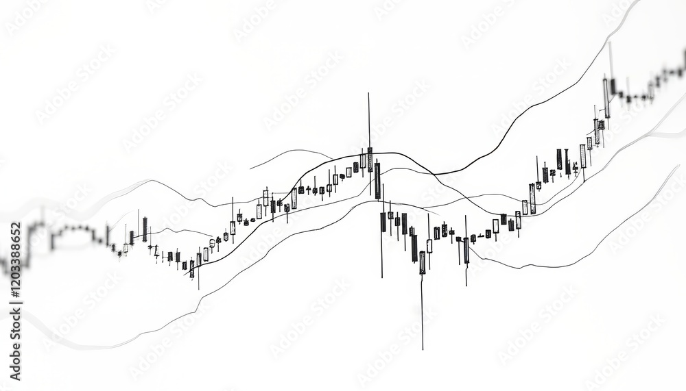 Abstract financial chart with fluctuating trends and moving averages in black and white. Abstract financial chart with fluctuating trends and moving averages in black and white.