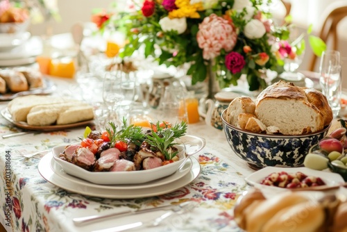 Elegant Dining Table Set for a Festive Gathering Featuring Assorted Dishes, Colorful Flowers, and Lively Table Decor for Special Events and Celebrations