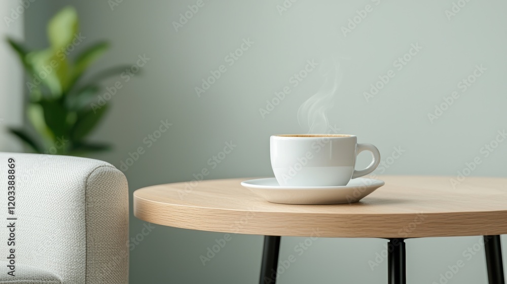 Steaming Cup of Coffee on Cozy Table Surrounded by Soft Green Interior Elements Steaming Cup of Coffee on Cozy Table Surrounded by Soft Green Interior Elements