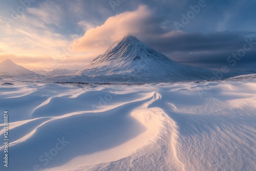 Majestic Snow-Covered Mountain Under Colorful Sky with Golden Light at Dusk Over Smooth Snowy Terrain in a Winter Wonderland Scene