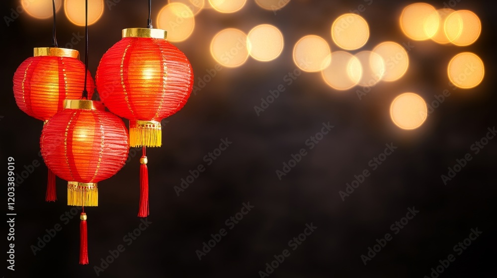 Festive Red Lanterns Illuminated Against Bokeh Lights Festive Red Lanterns Illuminated Against Bokeh Lights