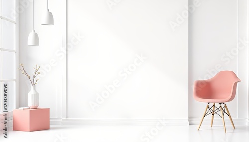 Bright and minimalistic interior with a pink chair and decorative elements.